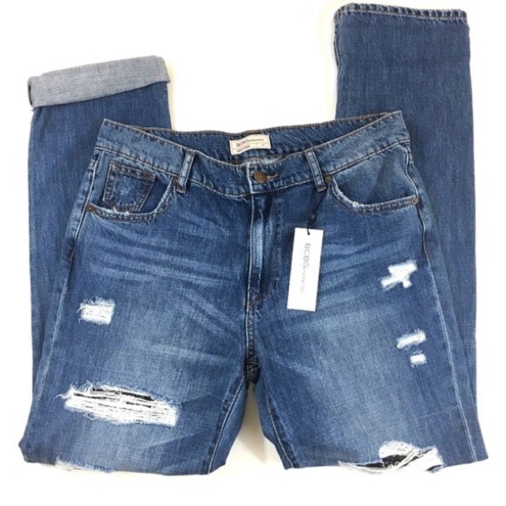 BCBGeneration Dark Destructed Lace Insets Straight Leg Jeans Size 27 NWT